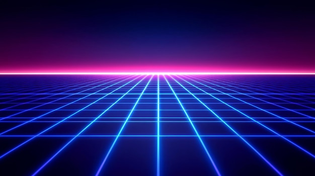 Paisaje retró-futurista de cuadrícula con luces de neón