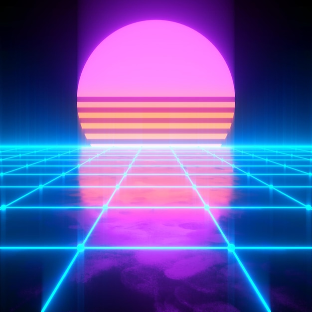 Paisaje retro futurista con renderizado 3D de fondo retro de rejilla de neón de los años 80