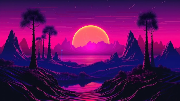 Paisaje retro de ondas sintéticas con colores llamativos IA generativa