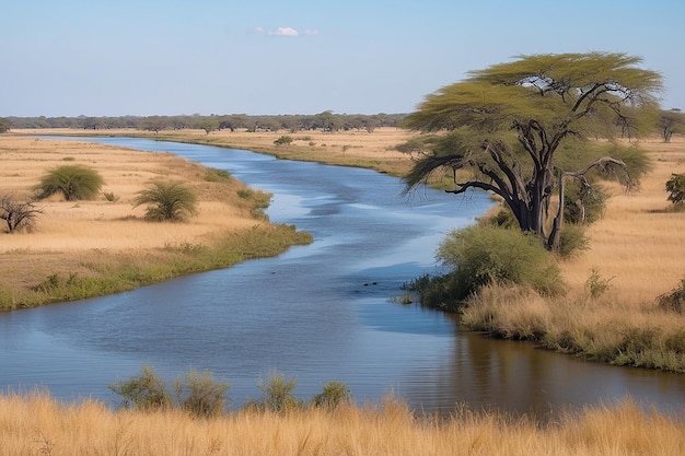 Paisaje del río Chobe desde la franja de Caprivi en Namibia frontera con Botswana África Parque Nacional Chobe