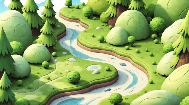 Paisaje de río de dibujos animados con árboles