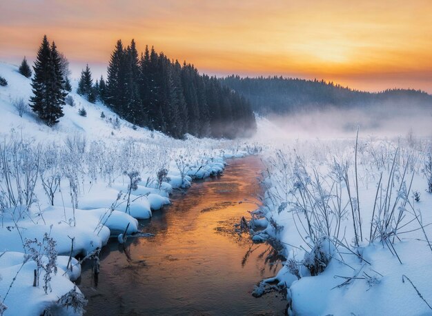 Paisaje río invierno vista estacional agua nieve bosque en montañas puesta de sol