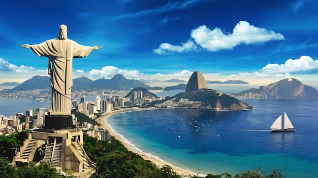 Paisaje de Rio de Janeiro rodeado por el mar bajo un cielo azul en Brasil