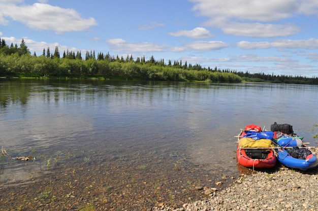 Paisaje de río con kayaks