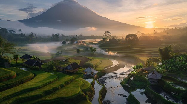 Foto un paisaje con un río y una montaña en el fondo