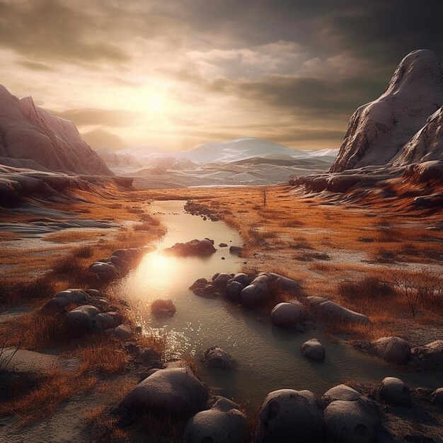 Un paisaje con un río y montañas al fondo.