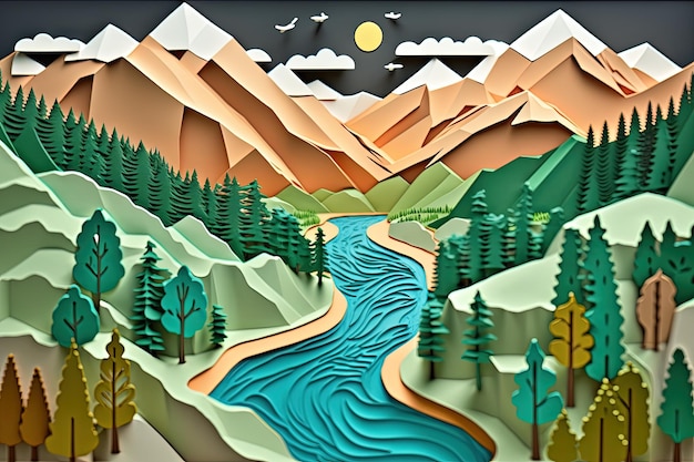 Paisaje con río de montañas y bosque de pinos hecho de papel recortado IA generativa