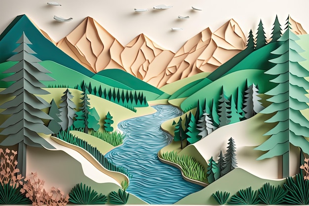 Paisaje con río de montañas y bosque de pinos hecho de papel recortado IA generativa