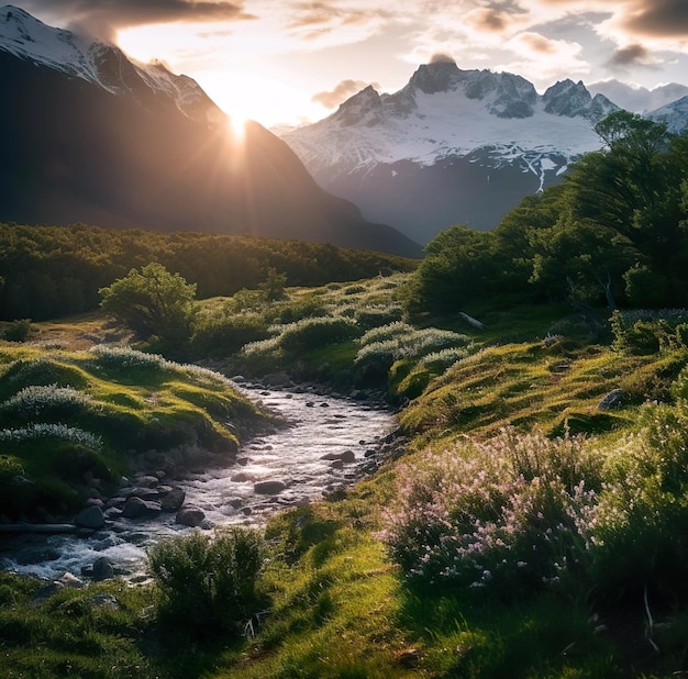 Paisaje de río y montañas con vista al atardecer.