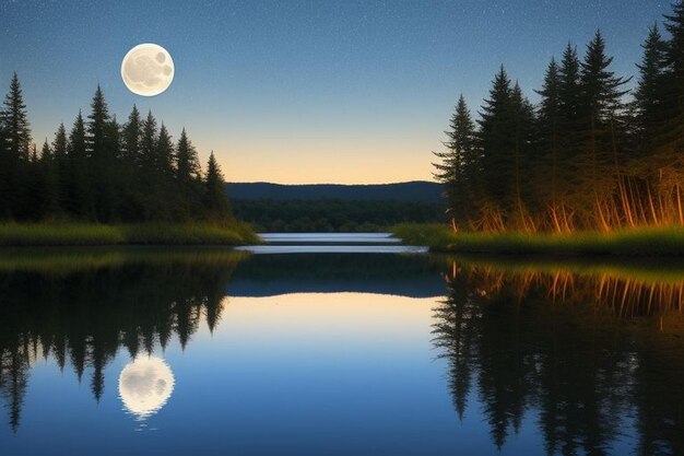 Foto paisaje del río en la noche de luna llena