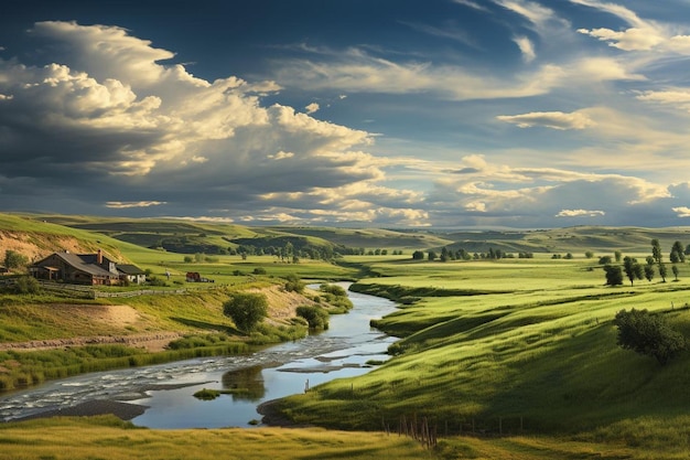 un paisaje con un río y nubes