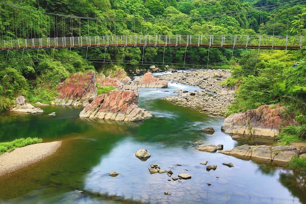 Paisaje de río con puente levadizo y rocas en el valle