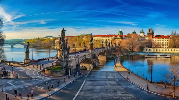 Paisaje del río Vltava y el puente Carlos de día