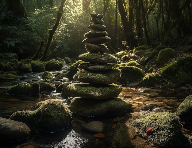 Un paisaje con rocas y musgo en primer plano y un bosque al fondo.