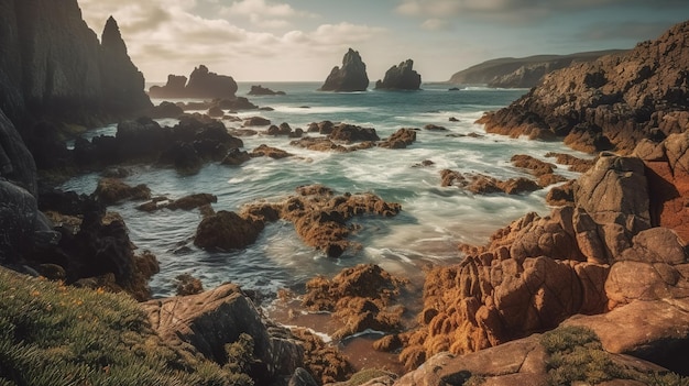 Un paisaje de rocas y rocas con un cielo nublado de fondo.