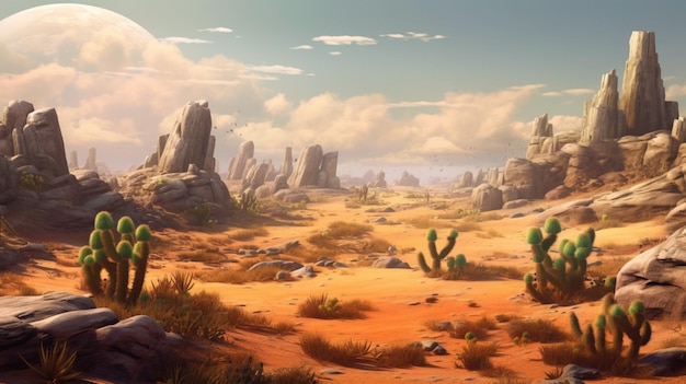 Un paisaje rocoso del desierto con cactus y dunas de arena