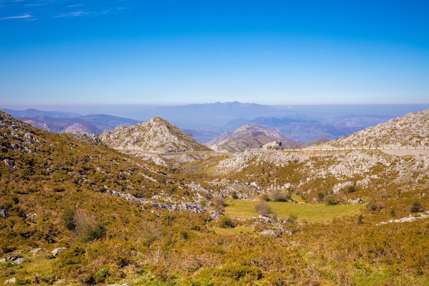 Paisaje rocoso de montaña Parque Nacional Picos de Europa Camino a Lagos de Covadonga Asturias España Europa