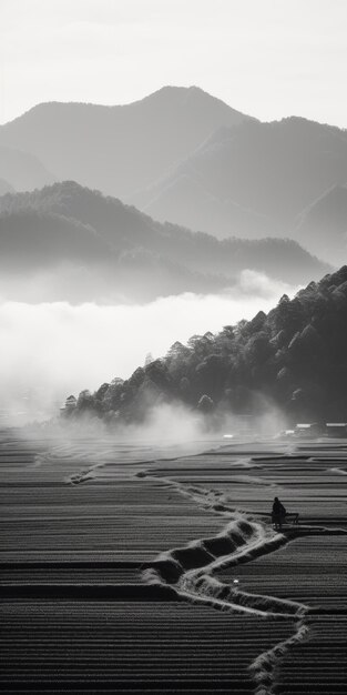 Foto paisaje romántico un hombre caminando por taichi en campos blancos y negros