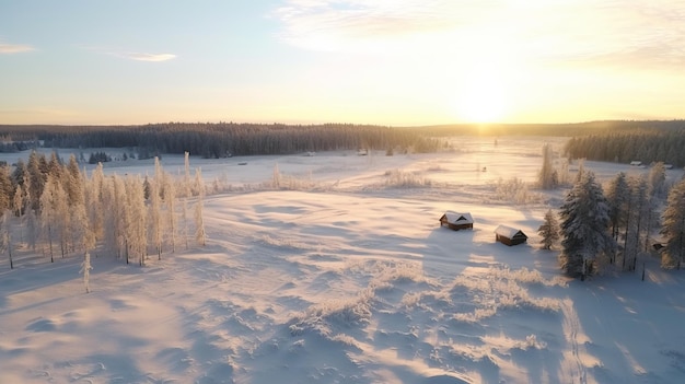 Paisaje romántico de invierno Bosque congelado bañado en la cálida luz del sol