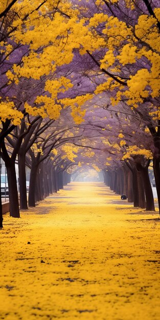 Un paisaje romántico Un parque impresionante con pétalos amarillos