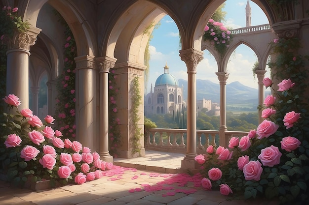Un paisaje romántico con rosas rosas y arcos góticos