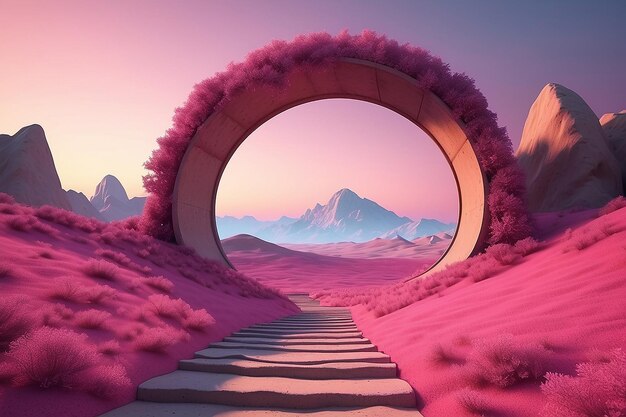 Paisaje rosa abstracto al atardecer con una representación en 3D de un arco