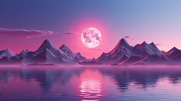 Paisaje rosa con luna sobre montañas poligonales Fondo tranquilo y surrealista IA generada