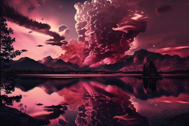 Paisaje rosado nubes rosadas lago rosado hermoso paisaje estilo de arte digital ilustración pintura