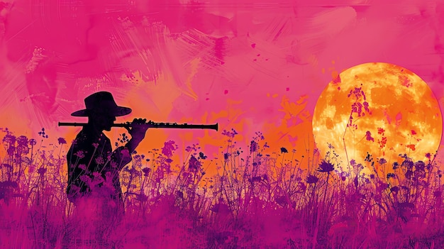 Paisaje rosado y púrpura con una silueta de un músico tocando el clarinete La luna llena se levanta en el fondo