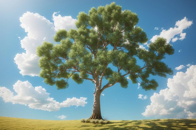 Paisaje rural en 3D con árboles contra el cielo azul