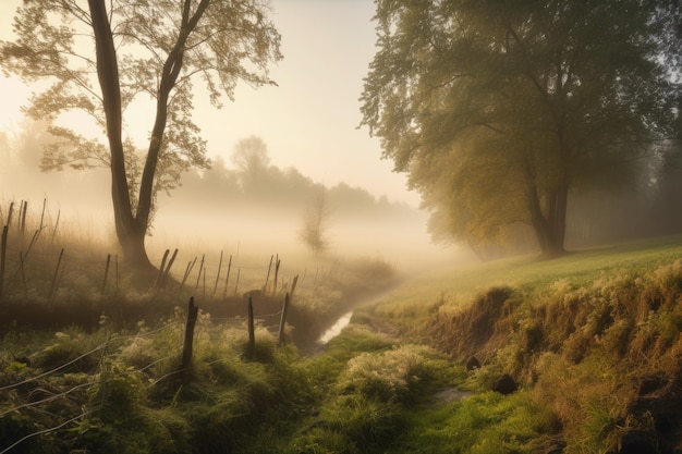 Paisaje rural boscoso con niebla matutina creada con ai generativo