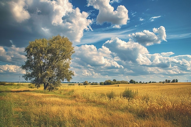 Paisaje rural de campo de colza bajo un cielo azul nublado día soleado en algún lugar de Ucrania