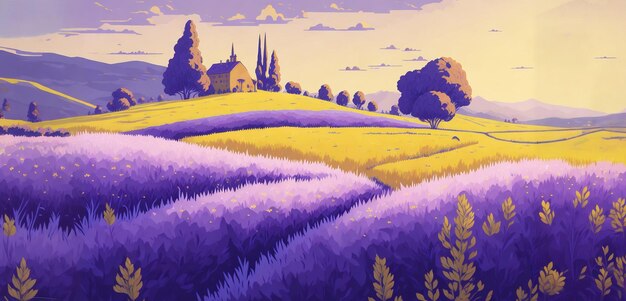 Foto paisaje rural un campo de flores de lavanda ilustración generada por ia