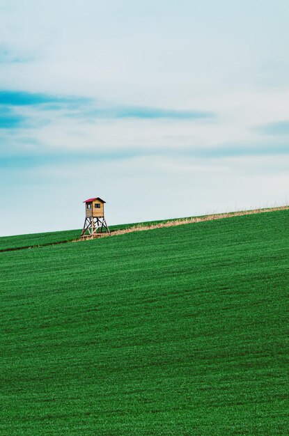 Paisaje rural con campo verde, cielo azul y cabaña de caza de madera, Moravia del Sur, República Checa