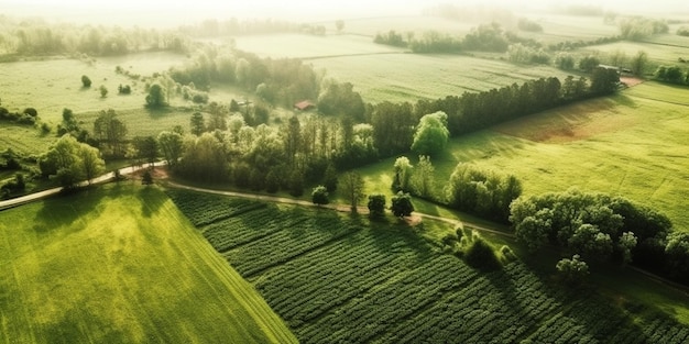 Un paisaje rural con una carretera y árboles.