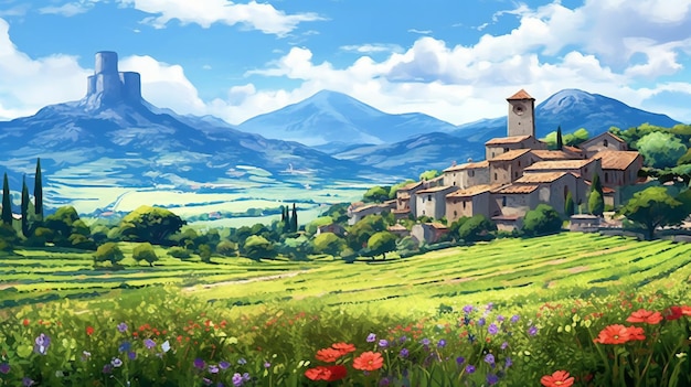 Paisaje rural con un castillo en medio de un campo de flores