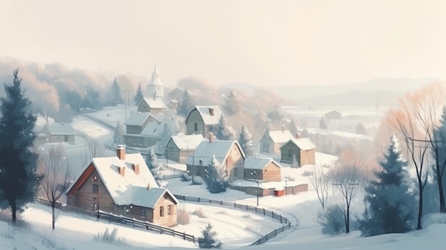 Paisaje rural de invierno con árboles cubiertos de nieve y casas al atardecergenerativo ai