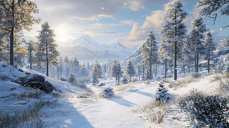 Paisaje rural de invierno Vista del bosque de pinos nevados