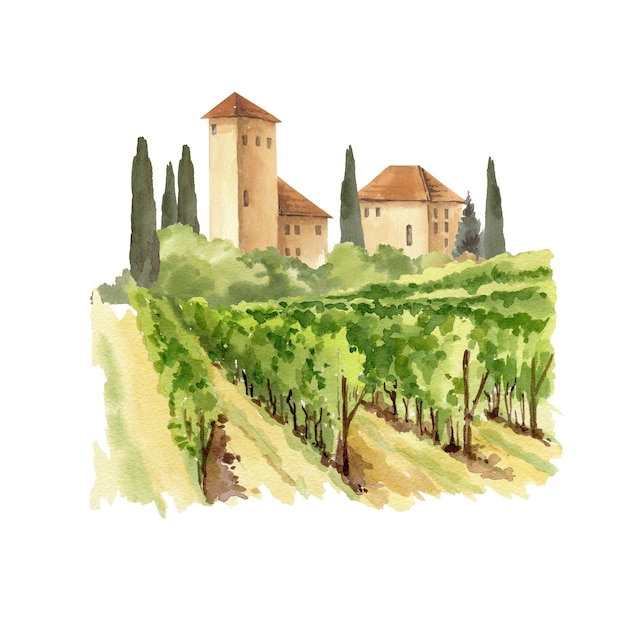 Paisaje rural italiano con casas antiguas torres viñedos arbustos campos y colinas cipreses acuarela ilustración de Europa mediterránea paisaje para turistas de viaje diseño