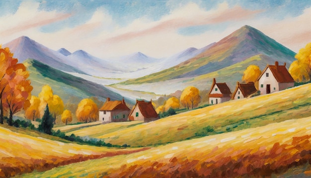 Paisaje rural de otoño con pequeñas casas campos agrícolas y montañas pintura al óleo de otoño