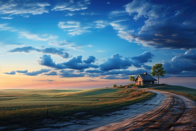 Paisaje rural pacífico con campos de árboles y flores hora dorada amanecer AI generado