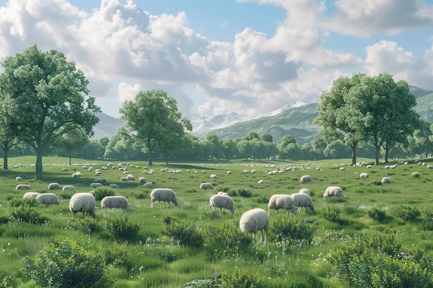 Un paisaje rural pacífico con ovejas pastando