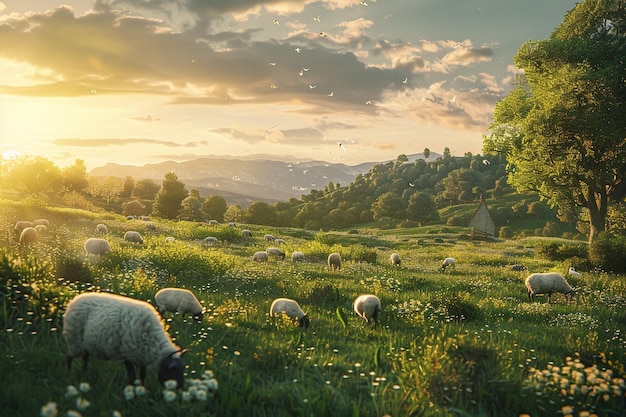 Un paisaje rural pacífico salpicado de ovejas