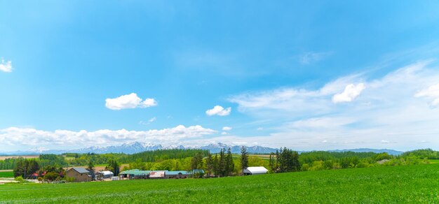 Paisaje rural panorámico con montañas inmenso cielo azul y nubes blancas sobre el campo agrícola