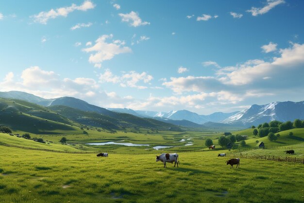 Paisaje rural con un pasto de vacas y generativo lejano ai