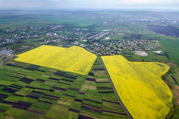 Foto paisaje rural en primavera o verano. vista aérea de campos verdes, arados y florecientes, techos de casas en amanecer soleado. fotografía de drones.