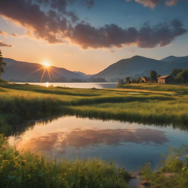 Paisaje rural puesta de sol sobre el lago