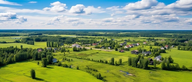 Paisaje rural ruso vista aérea de la aldea de Alekseevka y los campos circundantes en un día lluvioso de verano