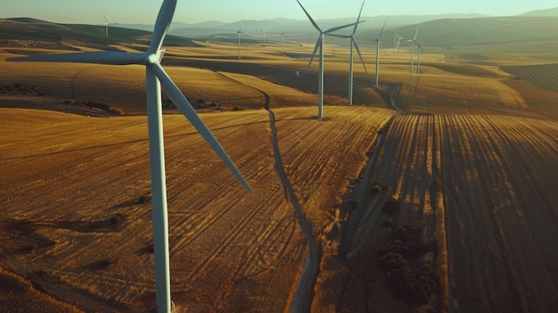 Un paisaje rural salpicado de turbinas eólicas sus palas giratorias proyectando largas sombras en el suelo