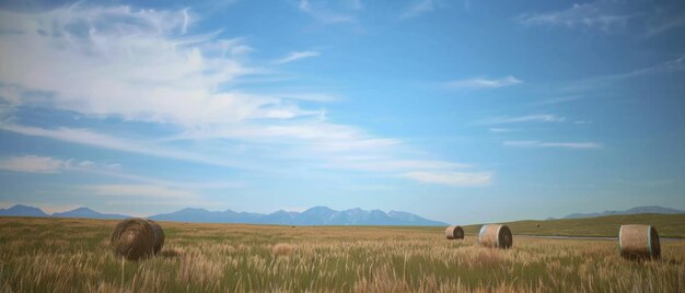 Foto paisaje rural sereno con balas de heno salpicadas de campos dorados bajo un amplio cielo azul